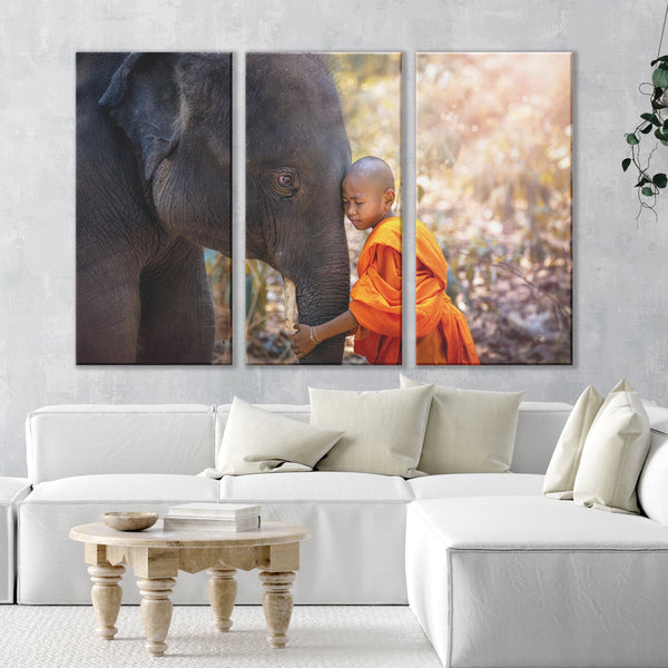 3 Piece Canvas Art _ Buddha wall Art,Child Buddhist Monk & Elephant - Azra's Voyage